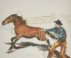 Bronco Lasso by Pál Fried, oil and charcoal on canvas (unstretched), sold Mar 2021