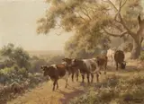 Six Roan Cows On A Bush Track by Jan Hendrik Scheltema, oil on canvas, sold Nov 2014