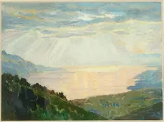 Soleil couchant by Émile-René Ménard, Aquarelle gouachée, sold Apr 2019