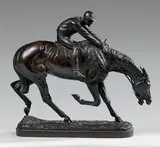 Après la course: pur-sang, encolure penchée, monté par son jockey by John Willis Good, 1875, Épreuve en bronze à patine médaille, base au naturel, sold Feb 2019