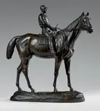Pur-sang à l'arrêt, monté par son jockey by Paul Comolera, Épreuve en bronze à patine médaille, sold Feb 2019