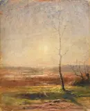 Soleil couchant près de l'étang de la Levaz, près de Morestel, circa 1875 by François-Auguste Ravier, Aquarelle sur papier canson, sold Apr 2019
