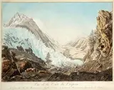 Vue de la Voûte du Chapeau, vue du Glacier des Bois, du Montanvert, des Aiguilles des Charmos, du Géant et du Brévent, prise depuis la base du Bochard, circa 17 by Jean Philippe Linck the Younger, Aquarelle sur trait gravé, sold Mar 2019