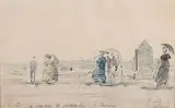 Scène de plage animée by Eugène Boudin, Crayon noir, aquarelle et rehauts de plume et encre noire, sold Jun 2024