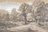 Paysage animé by Antoine Claude Ponthus-Cinier, Crayon noir, plume et lavis d'encre noire, gouache, sold Jun 2024