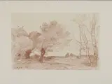 Saules et peupliers blancs. 1871 by Jean-Baptiste Camille Corot, Lithographie en sanguine bistre sur chine appliqué sur vélin, avec le nom de l'imprimeur L, sold Feb 2023