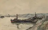 Barges et vapeurs à quai, Epinay sur Seine by Fernand Herbo, 1936, Fusain, aquarelle et gouache sur papier, sold Feb 2023