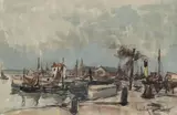Le bassin de quarantaine, Honfleur by Fernand Herbo, Fusain, aquarelle et gouache sur papier, sold Feb 2023