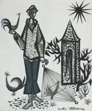 L'homme aux coqs by André Minaux, Gouache sur papier, sold Feb 2023