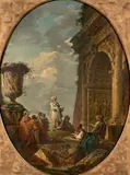 Sybille vêtue de blanc prêchant près de l'arc de Titus by Giovanni Paolo Panini, Toile ovale mise au rectangle, sold Jun 2019
