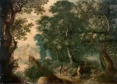 Paysage de forêt avec Diane et ses nymphes by Abraham Govaerts, Panneau de chêne, parqueté Fente au panneau, sold May 2019