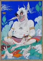 Famille de djinns by Paul Mak, Gouache rehaussée à la feuille d'or sur papyrus, sold Apr 2022
