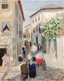 Rue de village animé by Francis Smith, Gouache sur papier (déchirures), non signé, sold Jun 2025