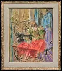 Femme cousant à sa fenêtre by Emilio Grau Sala, 1941, Pastel sur papier signé et daté en bas au milieu, sold Jun 2025