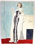 Elégante fumant en robe noire et cape by Pierre Mourgue, Aquarelle et gouache sur papier cartonné, sold Jan 2025