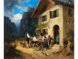 Bergbauern vor Wirtshaus mit Alpenkulisse by Christian Johann Georg Perlberg, oil on canvas, sold Mar 2024