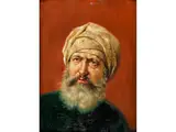 Bildnis Eines Bärtigen Mannes mit Turban by Rudolf Ernst, oil on panel, offered Jun 2024