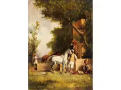 Der Halt am Brunnen by Eugène Fromentin, oil on panel, offered Jun 2024