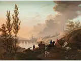 Jagdreiter bei der Rast Über Einem Fluss mit Bogenbrücke by Jacques Francois Joseph Swebach des Fontaines, oil on panel, offered Sep 2020