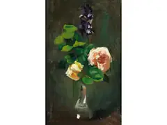 Blumenstilleben mit Rosen und Rittersporn by Floris Arntzenius, oil on canvas, sold Sep 2023
