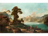 Gebirgssee mit Almhütten, Fischerkahn und Weiterer Figurenstaffage by Franz Richard Unterberger, oil on canvas, offered Dec 2016