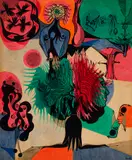Les masques by Alfred Pellan, oil and ink on paper on board, sold Sep 2022
