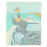 Seated Fisherman, Mending Nets by Claude Howell, Serigraph in colors, sold Jan 2025