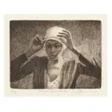Woman Tying Wrap by Joseph Holston, Etching on paper, sold Jan 2025