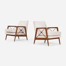 Armchairs, pair by Móveis Cavallaro, c. 1960, upholstery, mahogany, brass, sold Jan 2023