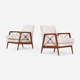Armchairs, pair by Móveis Cavallaro, c. 1960, upholstery, mahogany, brass, sold Jan 2023