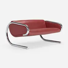 Settee by Roger Sprunger, c. 1965, chrome-plated steel, leather, sold Jan 2023