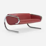 Settee by Roger Sprunger, c. 1965, chrome-plated steel, leather, sold Jan 2023