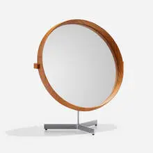 Table mirror by Uno and Osten Kristiansson, c. 1960, teak, mirror, steel, leather, sold Nov 2022
