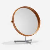 Table mirror by Uno and Osten Kristiansson, c. 1960, teak, mirror, steel, leather, sold Nov 2022