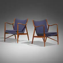 Lounge chairs model NV-45, pair by Finn Juhl, walnut, upholstery, sold Nov 2022