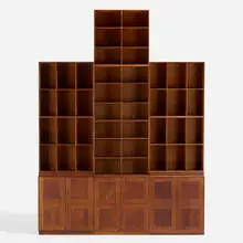 Bookshelves, set of ten by Mogens Koch, c. 1955, smoked oak, brass, sold Nov 2022