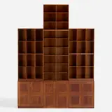 Bookshelves, set of ten by Mogens Koch, c. 1955, smoked oak, brass, sold Nov 2022