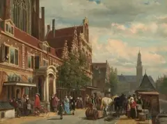 Das Rokin in Amsterdam von südlicher Richtung aus gesehen mit ’s Haagse en Rotterdamse Veerhuis und der Nieuwezijds Kapel links sowie der Börse im Hintergrund i by Cornelis Springer, 1879, oil on panel, sold Jun 2025
