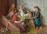 Kleine Kinder, einen Hasen und ein Kaninchen fütternd by Felix Schleisinger, oil on canvas, sold Jun 2025