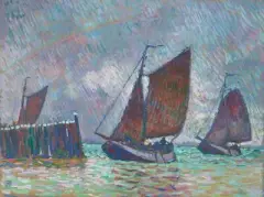 Barques de pêche (Veere - Hollande) by Théo van Rysselberghe, 1906, oil on board, sold Jun 2025