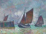 Barques de pêche (Veere - Hollande) by Théo van Rysselberghe, 1906, oil on board, sold Jun 2025