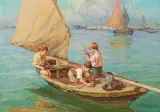 Kinder beim Fischen by Angelo Brombo, oil on canvas, sold Jun 2025