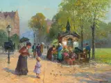 Strassenszene mit Blumenverkäuferin by Detlef Nitschke, oil on panel, sold Jun 2025