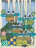 Pacific Steamer by Friedensreich Hundertwasser, 1985, color woodcut, offered Jun 2025