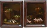 Gegenstücke: Kücheninterieur mit Gänsen und Hund/Kücheninterieur mit Hasen by Holland, 18.Jh., oil on panel, sold Jun 2025