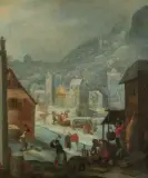 Nachfolger Arbeitende Bauern im winterlichen Dorf by Lucas van Valckenborch, oil on canvas, offered Jun 2025