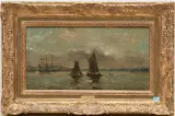 Segelschiffe vor einer Stadt by Louis Artan, oil on panel, sold Jun 2025