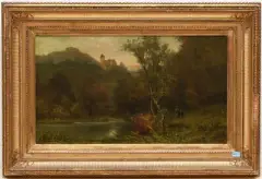 Hügelige Landschaft mit Burg und Kindern, zum Fluss schreitend by Peter Burnitz, oil on canvas, offered Jun 2025