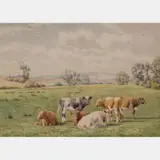 Resting Cattle in a Landscape by William Sidney Cooper, Watercolor on board, offered Apr 2016