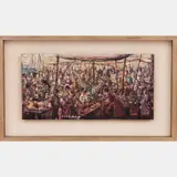 Cafe Scene with Figures by Pat Cucaro, Oil on board, offered Apr 2016